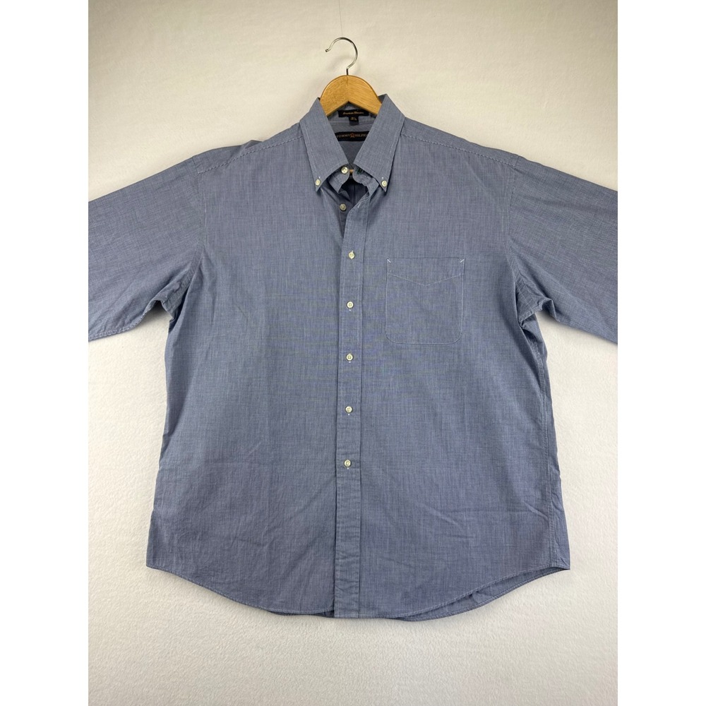 Tommy Hilfiger Button Down Shirt Mens 16.5 34-35 Blue Micro Check Long Sleeve